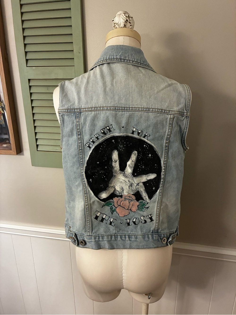 Wishlist Light Blue Denim Vest with Black Galaxy Hand & Pink Rose